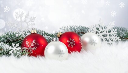 Beautiful Christmas decoration with red baubles, pine branches, and snow on a white winter background. Perfect for holiday greeting cards, seasonal banners, invitations, wrapping paper.