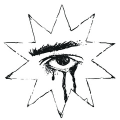 Black and white crying eye in star symbol bleeding tears gothic surreal dark illustration