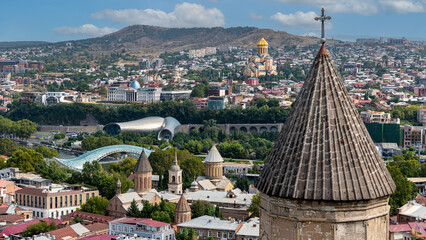 High angle view of the Old Town district of Tbilisi, Georgia, with the Kura River, Bridge of Peace and Holy Trinity Cathedral © Rex Wholster