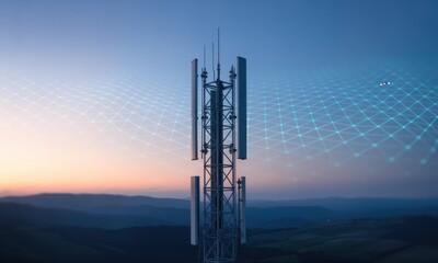 Telecommunications tower at dawn, network overlay