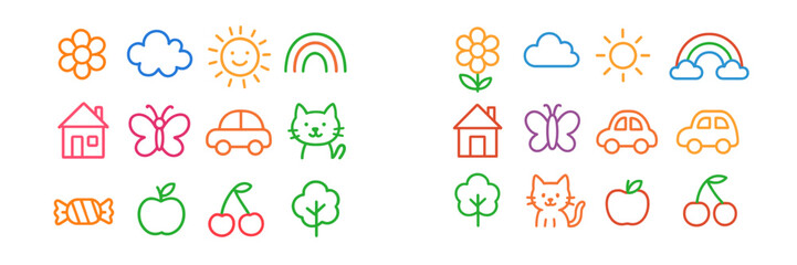 Colorful line icon set for kids with simple drawings of a cat, car, sun, rainbow, flower, and house