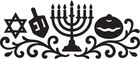 Hanukkah decorative border silhouette vector, festive Jewish holiday frame design with menorah and candles.