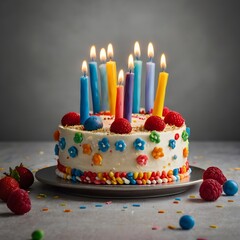 Festive birthday cake with lit candles and colorful sprinkles isolated on transparent background