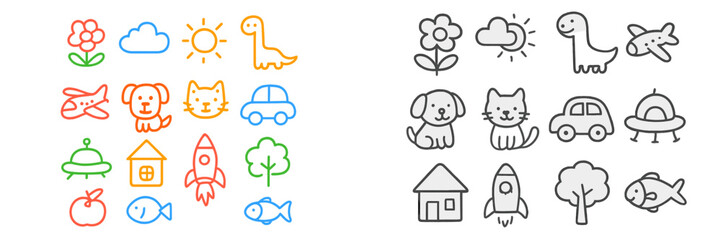 Set of cute children's icons in color and monochrome line art style featuring animals, nature, and transportation elements like a car, rocket, and airplane isolated on a white background