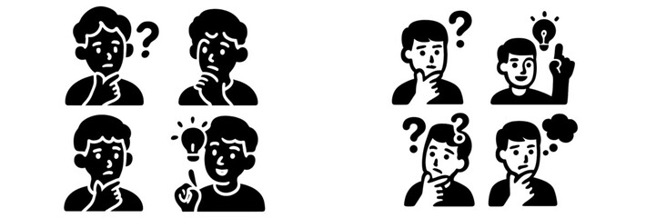 Icons of people thinking, questioning, and having ideas, representing problem-solving and creative thought processes