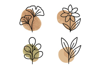 Collection of modern botanical elements including ginkgo leaf and flower drawn in a simple line art style with organic textured shapes in earth tones