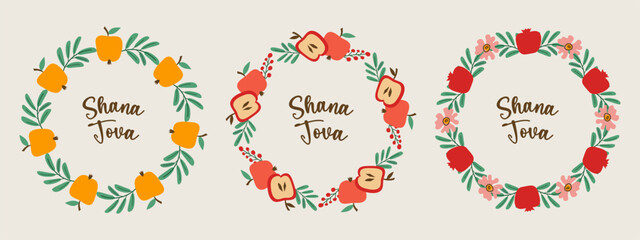 Shana Tova round frame set with handwritten calligraphy lettering, apples, and pomegranates. Festive vector design for Rosh Hashanah greeting cards, invitations, and Jewish New Year holiday decor.