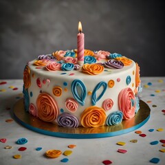Festive birthday cake with lit candles and colorful sprinkles isolated on transparent background