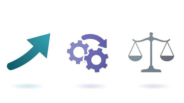 This conceptual illustration features an upward arrow, rotating gears, and a scale of justice, symbolizing progress, efficiency, and ethical decision-making.