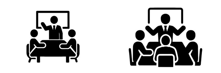 Corporate communication icons showing a business meeting, video conference presentation, and training seminar for professional development