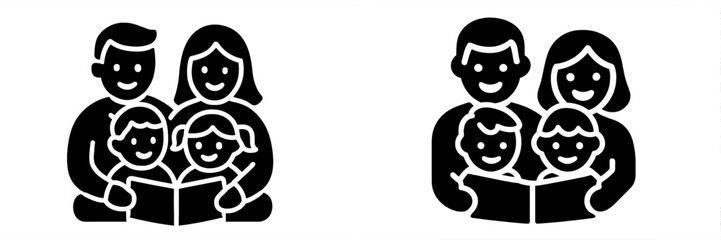 Family reading a book together icon set with parents and children learning and storytelling in a black and white glyph style