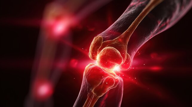 Anatomical illustration of a knee joint with inflammation.