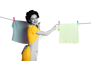 Creative collage picture young beautiful cheerful lady housekeeper wife maid hang clothes wet laundry household drawing background