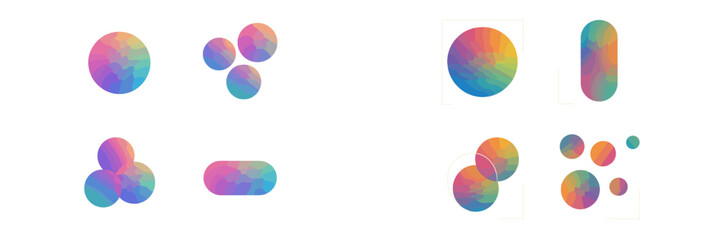 Obraz premium Set of vibrant gradient geometric shapes for modern design projects, colorful abstract circle and rounded rectangle elements isolated on a white background