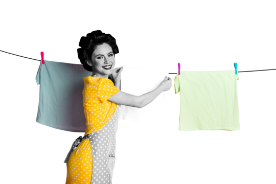 Creative collage picture young beautiful cheerful lady housekeeper wife maid hang clothes wet laundry household drawing background