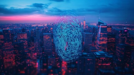 A futuristic city with a holographic fingerprint over skyscrapers at night symbolizes digital security and future technologies, suitable for articles on cybersecurity and innovation.