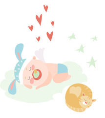 Cute baby angel sleeping with cat. Vector illustartion