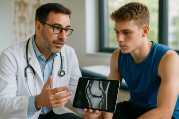 Doctor explaining knee mri scan results to athlete patient during medical consultation in hospital room