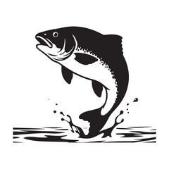 Silhouette Icon of Large Jumping Fish Leaping Out of Water.