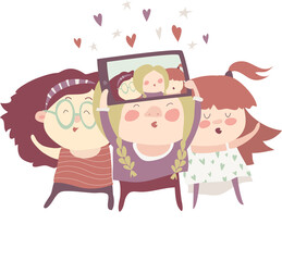 Beautiful girls friends taking selfie photo together with mobile phone camera. Vector illustration