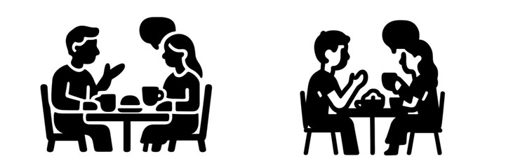 Man and woman talking over a meal at a restaurant table glyph icon set for communication and dining concepts