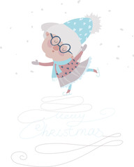 Fototapeta premium Old woman skating on ice. Vector christmas iluustration