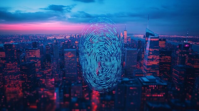 A futuristic city with a holographic fingerprint over skyscrapers at night symbolizes digital security and future technologies, suitable for articles on cybersecurity and innovation.