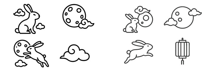 Mid-Autumn Festival icon set with moon rabbit, full moon, clouds, and traditional Chinese lantern line art symbols