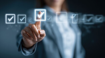 Woman interacting with digital checklist interface