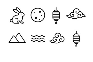 Mid-Autumn Festival line icon set with traditional Asian symbols like the moon rabbit, full moon, paper lanterns, and stylized clouds