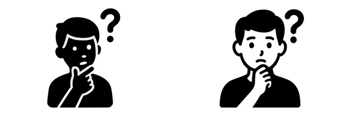 Black and white outline symbol of a person thinking with a question mark overhead, representing confusion, doubt, and problem-solving