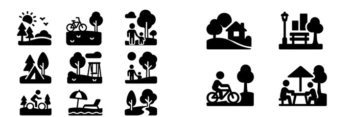 Outdoor activity and recreation icon set with symbols for park, nature, family, camping, cycling, and leisure