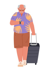 Senior man walking with a suitcase looking at his watch flat vector illustration isolated on white.