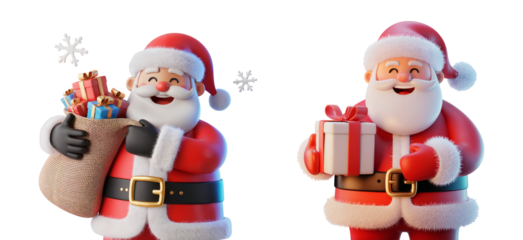 santa claus characters carrying gift sack and holding wrapped christmas presents for festive holiday celebration illustration png transparent background