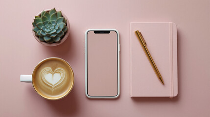 Cappuccino, smartphone, notebook and pen on pink background for businesswoman