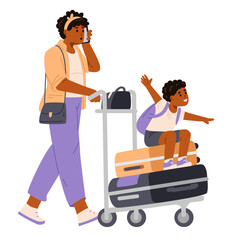 African American mother talking on the phone and riding her little son on a luggage cart with suitcases flat vector illustration isolated on white.