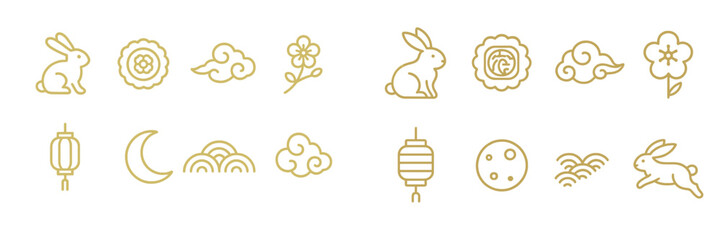 Mid-Autumn Festival line icon set with traditional Asian holiday symbols including the jade rabbit, mooncake, lantern, full moon, clouds, and flowers in a simple gold outline style © icon_art