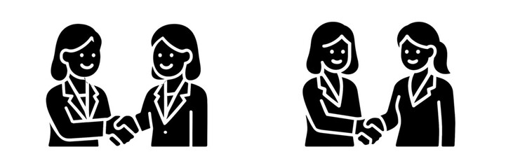 Black glyph icon set of two businesswomen shaking hands representing a successful business deal, partnership, or professional agreement