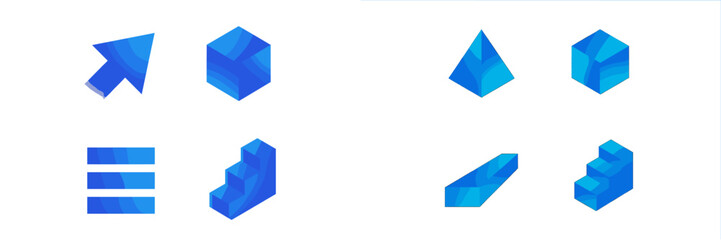 Modern blue gradient 3D isometric geometric shapes and abstract symbols for web design and business presentations