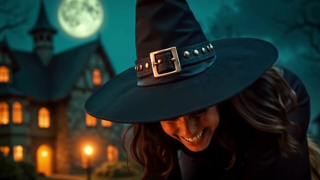 Beautiful young witch laughs sinisterly, witch flies on a broomstick on Halloween.