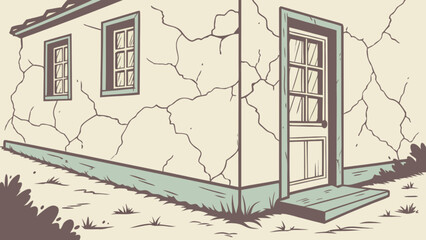 Illustration of old cracked house with door and windows for real estate and renovation projects use case