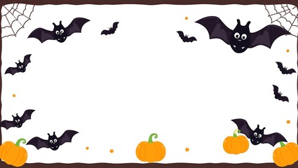 Naklejka premium Cute Halloween border frame with baby pumpkins, playful bats, tiny webs at corners, central white background