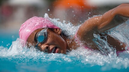 Swimmer propelling through clear water in bright pink swim gear during a competition in an outdoor pool setting