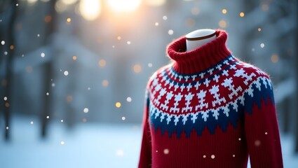 A knitted winter sweater appears in sharp focus against a soft, out-of-focus winter background
