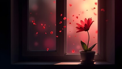 A single wilting flower with vibrant red petals drifting away through an open window frame, set against a dark black and pink mixed gradient bokeh background