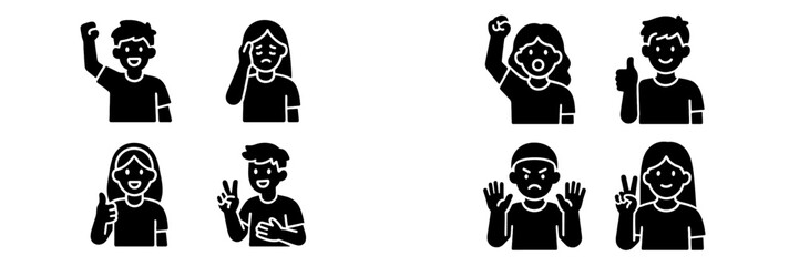 Glyph icon set of people expressing various emotions and hand gestures like thumbs up, peace sign, and protest fist