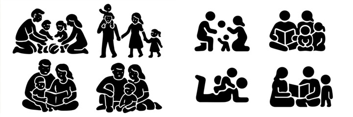 Set of black glyph icons depicting family life and parenting activities like reading books, playing with children, and walking together isolated on a white background
