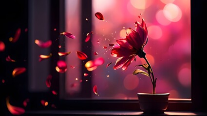 A single wilting flower with vibrant red petals drifting away through an open window frame, set against a dark black and pink mixed gradient bokeh background
