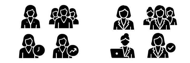 Businesswoman glyph icon set for corporate user profiles, team management, and employee status symbols