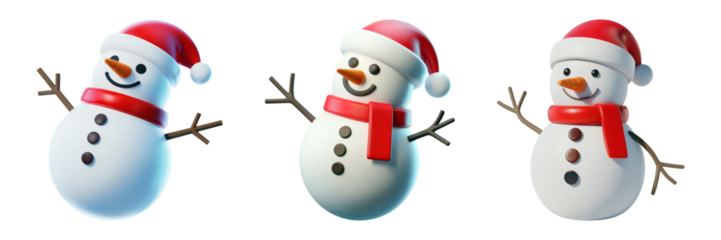 Three cheerful snowmen wearing Santa hats and red scarves wave hello holiday promotions isolated on png transparent background